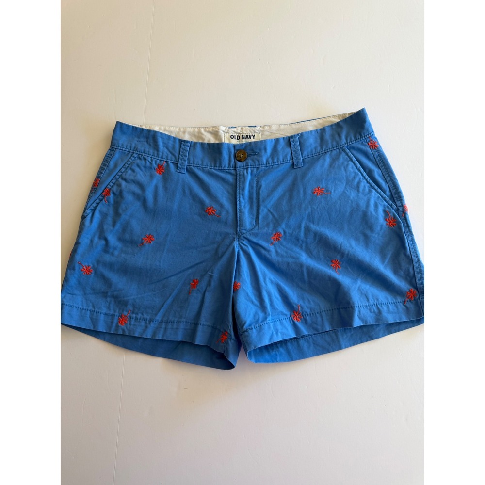 Old Navy Womens Blue Embroidered Red Palm Tree Chino Shorts Size 4 Tropical